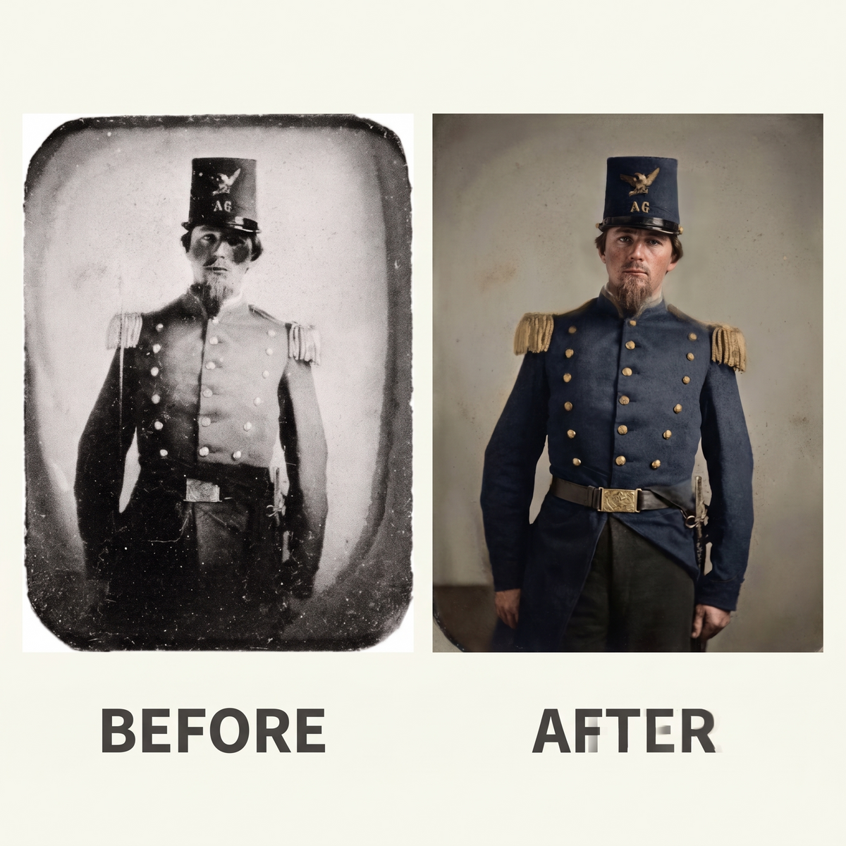 Before and after: a damaged 1860s portrait restored and colorized