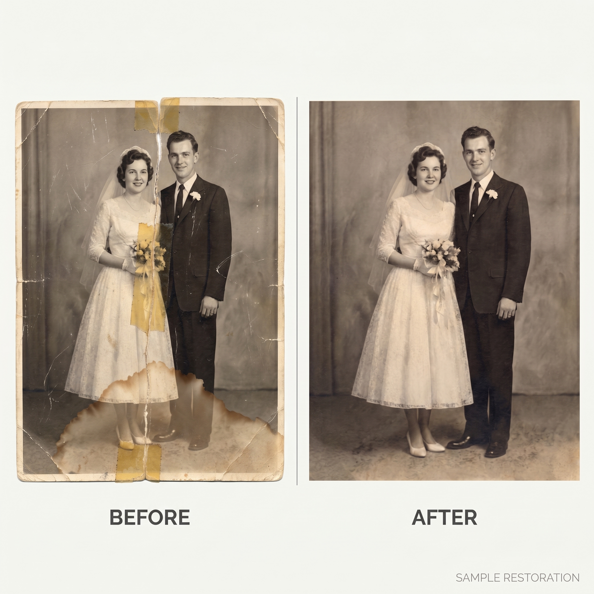 Before and after: a torn and water stained 1946 wedding portrait restored. Sample restoration